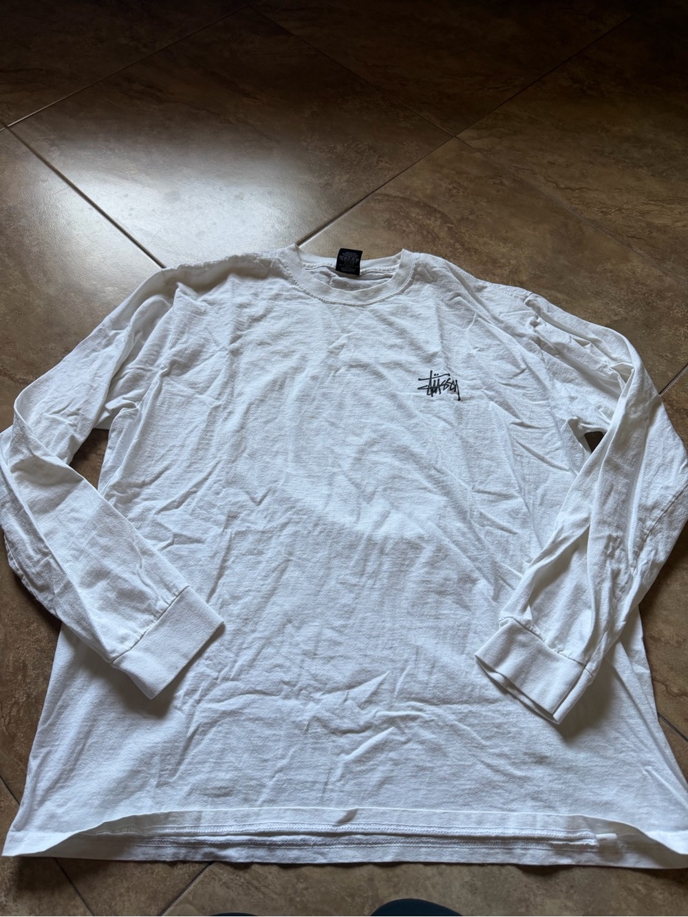 Stussy White Long Sleeve Logo Tee with Chest Script